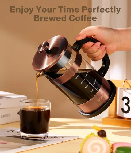 Vista 7 de Prensa francesa para café - Cafetera de acero inoxidable clásico de 34 onzas con sistema de filtración de 4 niveles, vidrio de borosilicato