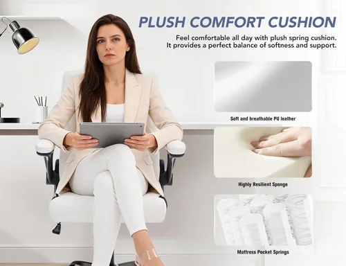 Vista 7 de Silla de oficina con soporte lumbar inflable ajustable, silla de escritorio ergonómica de cuero para computadora con brazos abatibles, bloqueo