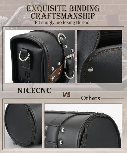 Vista 3 de NICECNC Bolsa de Horquilla para Motocicleta Bolsa de Manillar, Estilo Vintage de Cuero PU con Remaches de Estrella Estilo Rock Líneas Clásicas