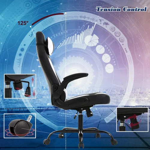Vista 6 de Silla de escritorio ergonómica para videojuegos, de piel sintética, con reposacabezas y reposabrazos, Moderno, Blanco