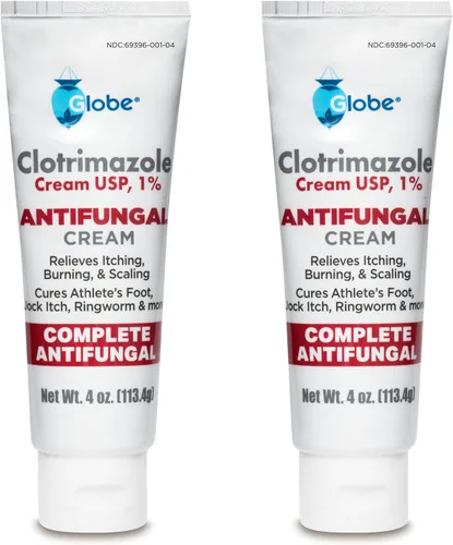 Globe Clotrimazol Crema antifúngica 1% USP, 4 onzas (paquete de 2), tratamiento antifúngico, alivia la picazón, ardor, agrietamiento y descamación
