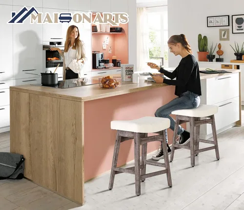 Vista 4 de MAISON ARTS Juego de 2 taburetes de bar de altura de mostrador para encimera de cocina, patas de madera maciza con asiento de silla de montar
