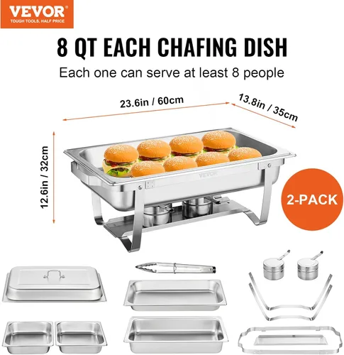 Vista 2 de VEVOR Juego de bufé de platos para rozar, 2 unidades de 8 cuartos de galón, de acero inoxidable con 2 bandejas completas y 4 de tamaño medio