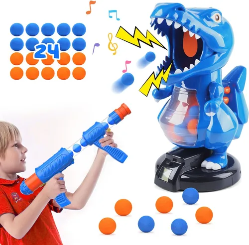 Vista 14 de EagleStone Juguetes de disparo de dinosaurios movibles de acción triceratops, juegos de disparos para niños con registro de puntuación LCD y LED