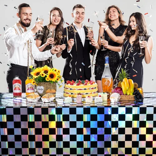 Vista 7 de 3 paquetes de mantel de plástico a cuadros negro y iridiscente, cubiertas de mesa rectangulares brillantes desechables con láser, mantel holográfico