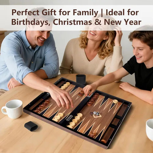 Vista 7 de Juego de backgammon de madera para adultos – Estuche clásico de juego de mesa de 19 pulgadas – Juego de backgammon plegable premium con piezas