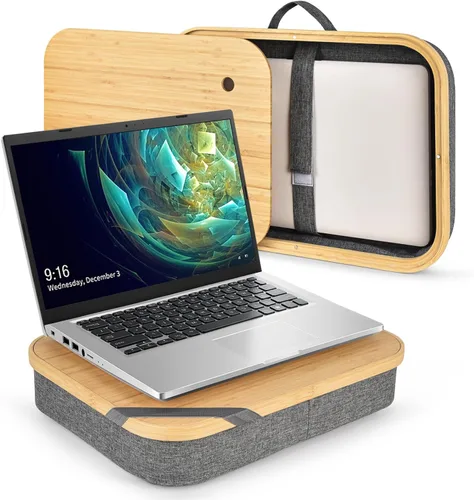Vista 9 de Mayjoy Escritorio de regazo de bambú con almacenamiento, escritorio de regazo con cubierta removible, soporte para computadora portátil