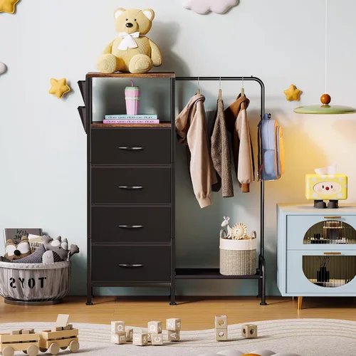 Vista 9 de Homeiju Cómoda con estante para colgar, cómoda reversible para dormitorio con 4 cajones y perchero y bolsillos laterales, cómoda con perchero, Negro