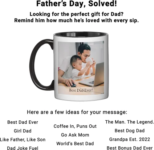 Vista 4 de Let's Make Memories Taza de fotos personalizada con mensaje, 11 onzas, mango negro, para él