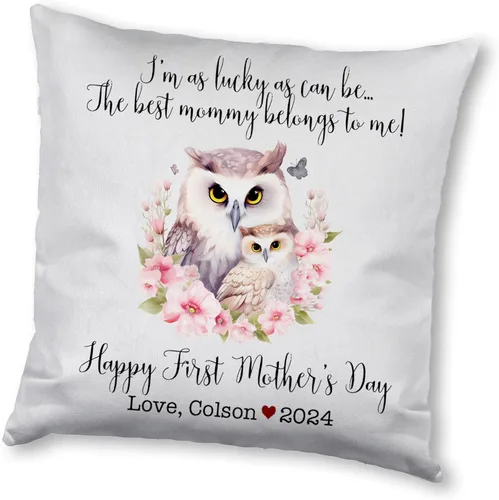 Vista 6 de Funda de almohada personalizada para el primer día de la madre, diseño floral de búho, funda de almohada personalizada para el día de la madre