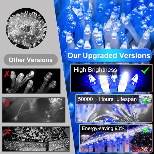 Vista 7 de Luces LED de Navidad de 66 pies con 140 gotas, 490 luces LED para interiores y exteriores, 8 modos de iluminación, luces de hadas impermeables