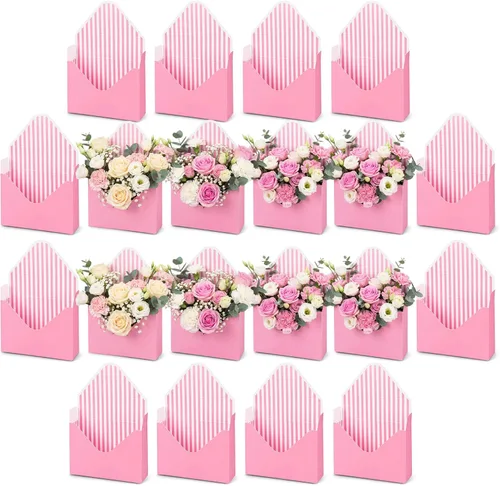 Vista 14 de Geyee 10 cajas sobre para ramo de floristería para el día de la madre, ramo de flores de corazón rosa, bolsas de papel de regalo para arreglos