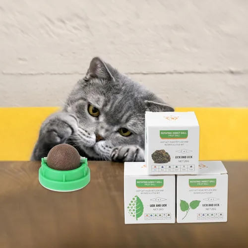 Vista 7 de KIMOBER Paquete de 3 bolas de hierba gatera para gatos, juguetes comestibles para masticar gatitos con hierba gatera Silvervine sabores de frutas