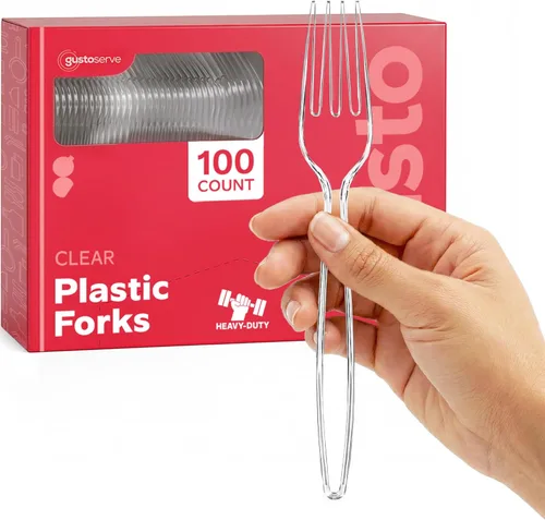 Vista 8 de GUSTO [Paquete combinado de 360 unidades] cubiertos básicos de plástico transparente, utensilios desechables pesados, 180 tenedores, 120 cucharas