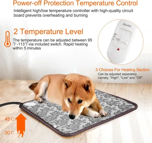 Vista 4 de Almohadilla térmica para mascotas, 18 x 18 pulgadas, almohadilla térmica impermeable para perros con 2 niveles de temperatura, calefacción eléctrica