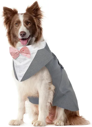 Vista 30 de Conjunto de esmoquin para perro Kuoser, traje de esmoquin y bandana para perros, traje de boda para perros, camisa con corbatín para perrito