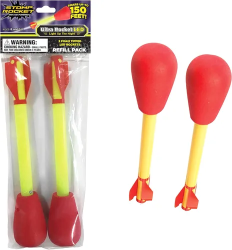 Stomp Rocket Recambios de cohetes ultra LED, 2 cohetes, cohetes LED de repuesto con punta de espuma para niños, divertidos juguetes para patio