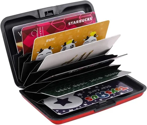 Vista 5 de Elfish Mini RFID Cartera de aluminio para tarjetas de crédito, funda de identificación de metal para hombres y mujeres, Rojo), CX1002