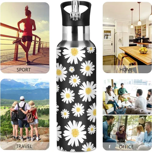 Vista 5 de xigua Daisy - Botella de agua con tapa de popote de 22 onzas, botellas de agua de acero inoxidable aisladas al vacío, botella de agua a prueba