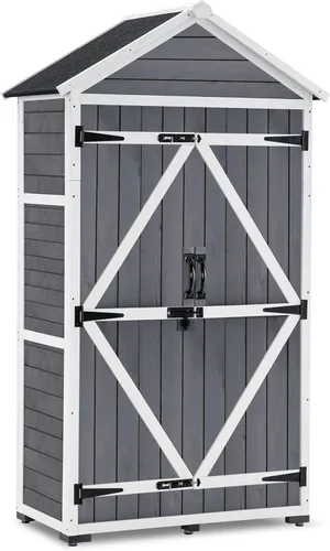 Vista 9 de MCombo Armario de almacenamiento al aire libre con 2 estantes, cobertizo de almacenamiento exterior con piso, cobertizo de herramientas de jardín