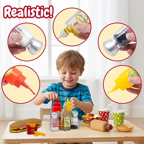 Vista 2 de Kiddie Play Juegos de comida para la cocina de los niños, juego de comida rápida y condimentos con hamburguesa, perrito caliente, papas fritas