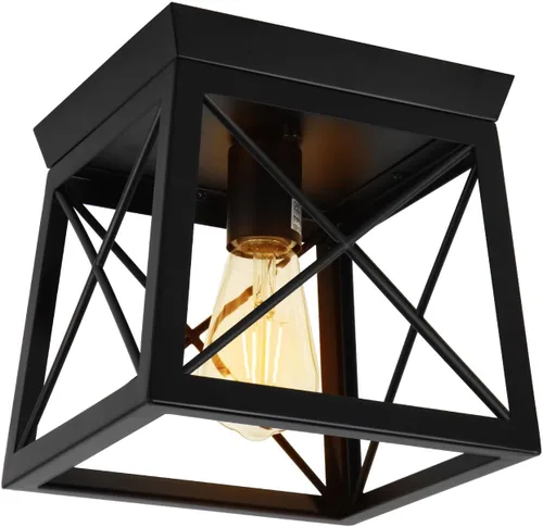 1 Light Black Industrial Flush Mount Ceiling Light Fixture - Square Farmhouse Caged Ceiling Light for Closet Kitchen Hallway Porch, E26, Dimmable