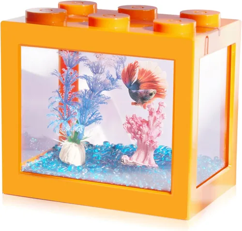 Vista 7 de Pequeño tanque de peces Betta, mini tanque apilable de pecera, kit de tanque de acuario rectangular de 3/5 galones con decoración de grava