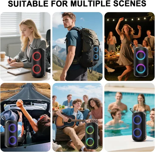 Vista 8 de Hupoaf - Altavoz Bluetooth, Nuevos Rellenos de 2025 - Altavoz Inalámbrico Portátil con Sonido Fuerte 6D, Impermeable IPX7, Llamada HD, Luces RGB, 12