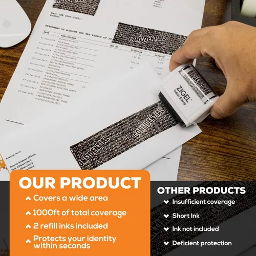 Vista 5 de ZIGEL Sello de protección contra robo de identidad, sello de rodillo con dos tubos de tinta de repuesto