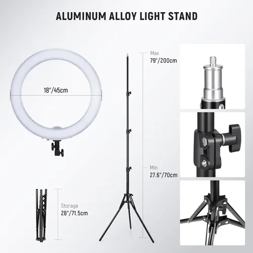 Vista 6 de NEEWER Kit de luz de anillo de 18"/45cm, 58W, 3200K y 5600K, bicolor, regulable, CRI95, LED, iluminación para selfies para iPhone con soporte