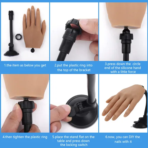 Vista 6 de LIONVISON Mano de práctica de silicona para uñas acrílicas con soporte, soporte de mano realista para práctica de uñas, mano de maniquí