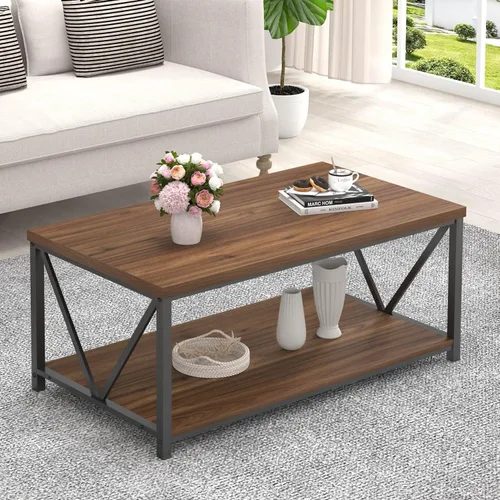 Vista 11 de FOLUBAN Mesa de centro moderna, mesa central de madera y metal con almacenamiento, mesa de cóctel industrial para sala de estar, nogal rústico, 47