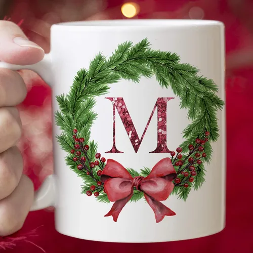 Vista 4 de Personalized Christmas Wreath Initial Ceramic Coffee Mug, 11 or 15 oz