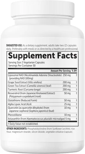 Vista 8 de Micro Ingredients Liposomal NAD+ Ultimate Complex 1,000 mg 60 cápsulas vegetales Fórmula NMN Pathway 10 en 1 con resveratrol, glutatión