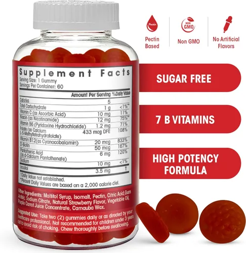 Vista 3 de Gomitas de complejo de vitamina B sin azúcar – Vitamina B12, B7, B6, B3 (niacina), B5, B8, B9 (folato) – Probado por terceros – Prenatal, dieta