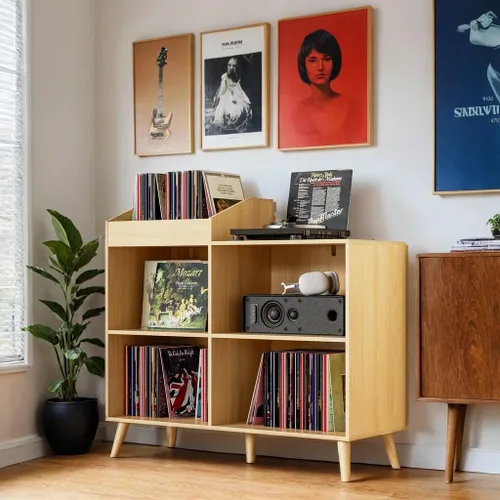 Vista 8 de DIYART 3 Tier Large Record Player Stand with Power Outlet, Vinyl Record Storage Table Holds Up to 500 Albums, Mid-Century Turntable Stand, Brown