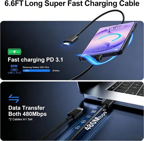 Vista 5 de Cargador USB C súper rápido de 60 W, cargador tipo C, bloque de carga rápida para teléfono Android con cable de carga rápida USB C de 6.6 pies