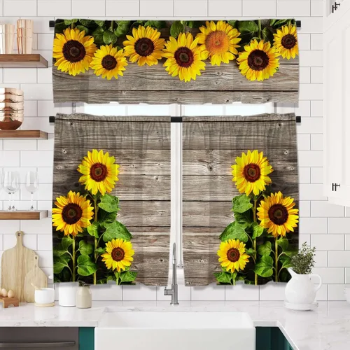 Vista 7 de Juego de cortinas de girasol con cenefa, 3 piezas de cortinas de cocina con girasol, juego de cortinas rústicas florales para baño y dormitorio