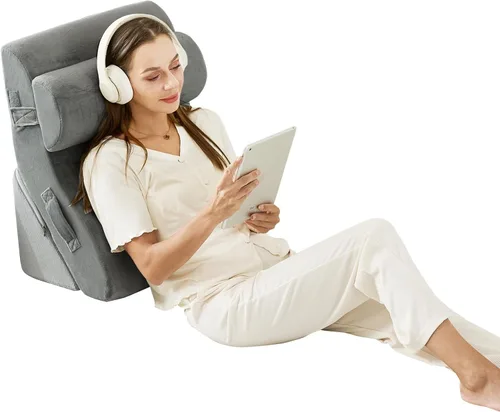 Vista 6 de Juego de 3 almohadas ortopédicas de cuña de espuma viscoelástica 45D para postcirugía para espalda, piernas y rodillas, juego de almohadas