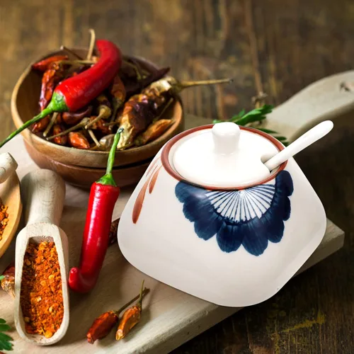 Vista 5 de Zerodeko Tarro de condimento de cerámica con cuchara de 10 onzas, recipiente para especias de cocina para almacenamiento de salsal, azúcar