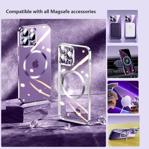 Vista 5 de Funda magnética transparente para iPhone 14 Pro Max, protector de lente de cámara integrado, compatible con carcasa magnética MagSafe Slim