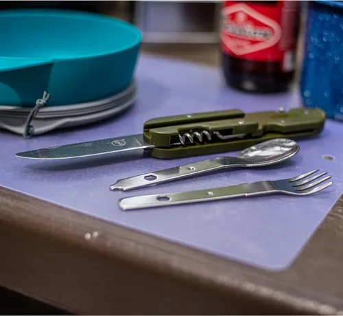 Vista 3 de ASR Outdoor Cuchillo de bolsillo multifunción Tenedor Cuchara Cena Camping Utensilio Set