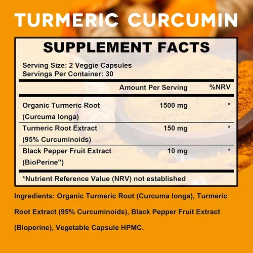 Vista 2 de Suplemento de curcumina de cúrcuma con pimienta negra, cápsulas orgánicas de cúrcuma de 1650 mg, 95% de curcuminoides, cúrcuma para apoyo articular