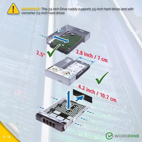 Vista 4 de WORKDONE Bandeja para discos duros de 3.5 pulgadas compatible con servidores Dell PowerEdge - con adaptador HDD de 2.5 pulgadas NVMe SSD SAS SATA
