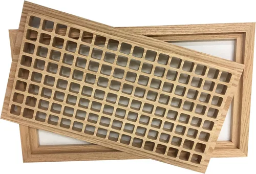 Vista 2 de Rejilla de ventilación de madera de roble blanco de 8 x 16 pulgadas, montaje empotrado con marco, estilo Eggcrate, sin terminar