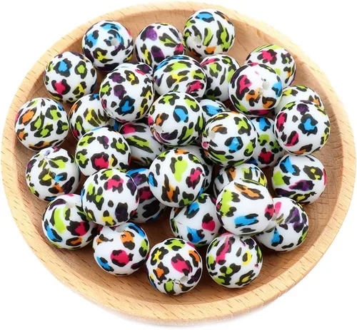 36 cuentas de silicona de leopardo para manualidades de 0.472 in, 0.591 in y 0.748 in, cuentas espaciadoras sueltas redondas a granel para hacer