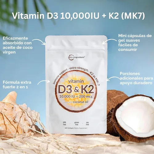 Vista 2 de Micro Ingredients Vitamina D3 10,000 UI + K2 MK-7 200 mcg, 300 cápsulas blandas con aceite de coco virgen Complejo vitamínico 2 en 1 de vitaminas