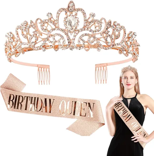Birthday Sash and Tiara - Birthday Crown Women - Alloy Head Crown with Comb Design with Rhinestones for Ceremonial Accessories