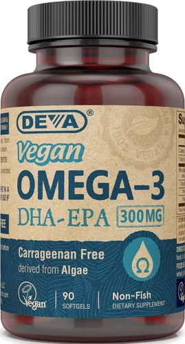 DEVA Vegano Omega-3 DHA-EPA 300 mg - Sin carragenina, aceite de pescado derivado de algas, sin OMG, 90 cápsulas blandas sin gelatina