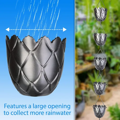 Vista 6 de RainChains Pacific - Cadena de lluvia festoneada acanalada de 8.5 pies - Cadenas de lluvia de aluminio con recubrimiento de polvo negro